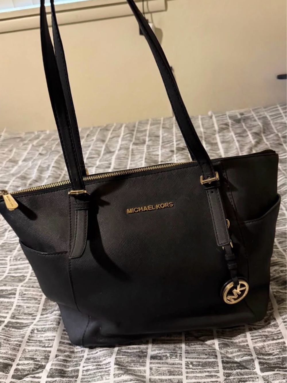 Michael Kors Black Leather Tote with Gold Hardware